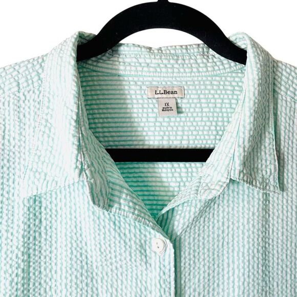 L.L. Bean 1X aqua & white 100% cotton seersucker 3/4 sleeve blouse shirt - Picture 2 of 10
